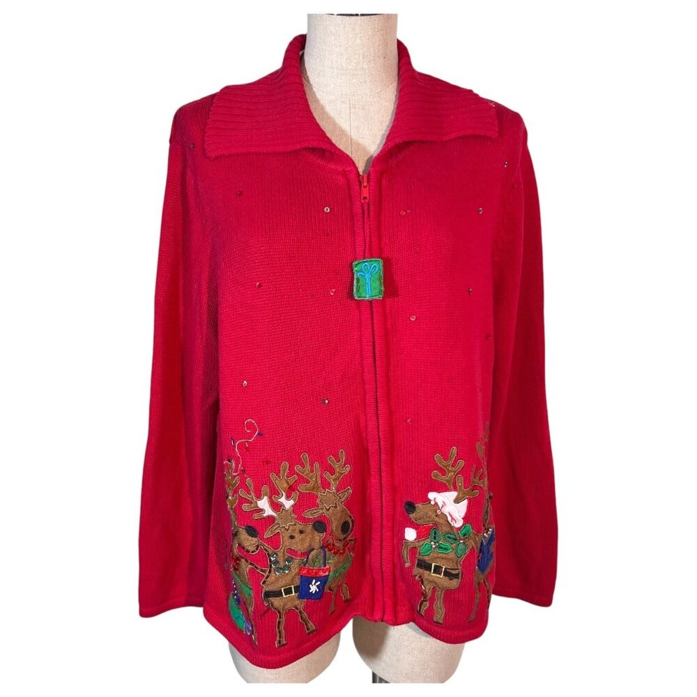 Tiara‎ International Christmas Collection Red Reindeer Sweater Women Size L Zip